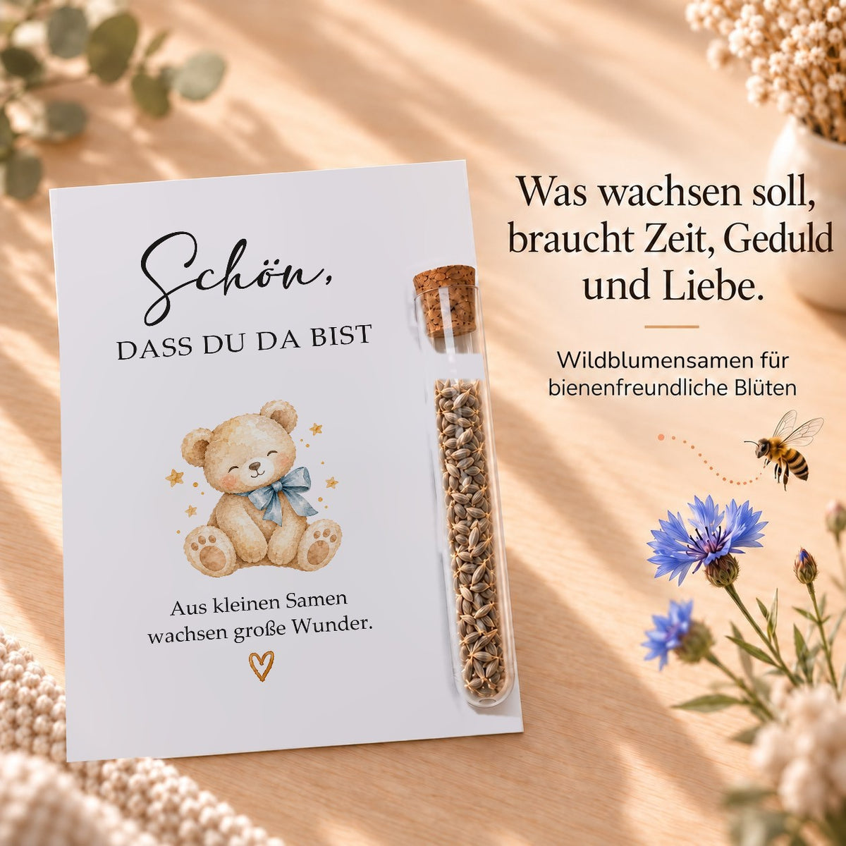 Wildblumensamen als Gastgeschenk für die Babyparty, Karte mit Teddy