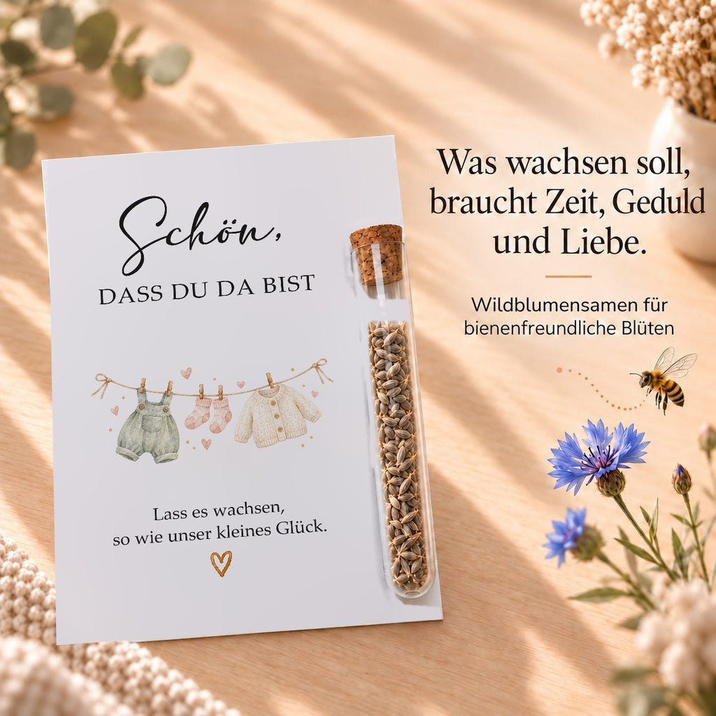 Wildblumensamen als Gastgeschenk für die Babyparty, Karte mit Wäscheleine