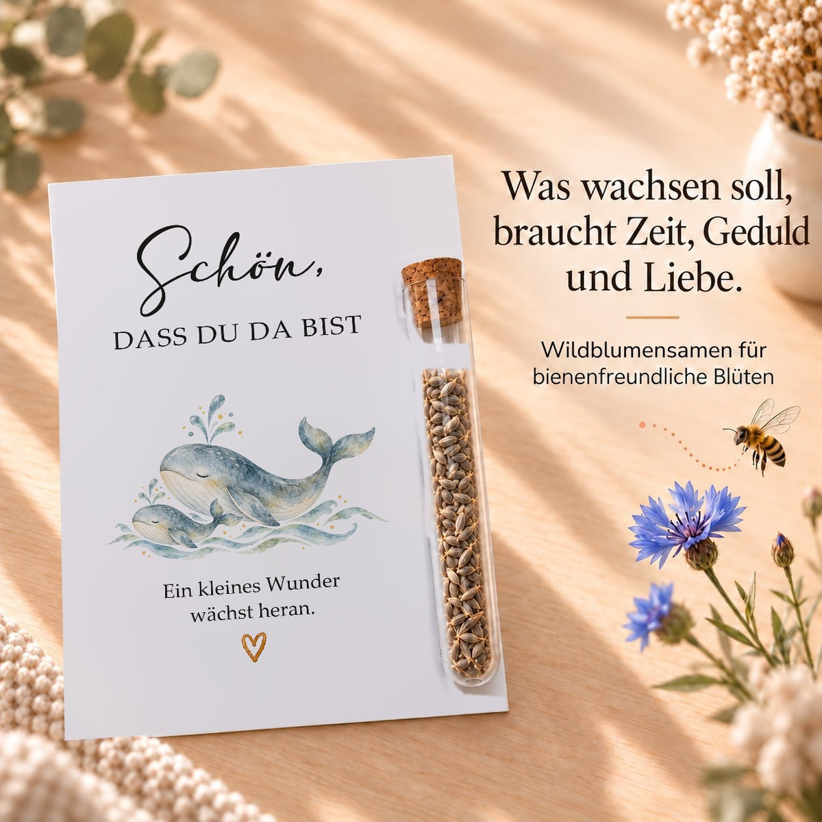 Wildblumensamen als Gastgeschenk für die Babyparty, Karte mit Wal-Familie