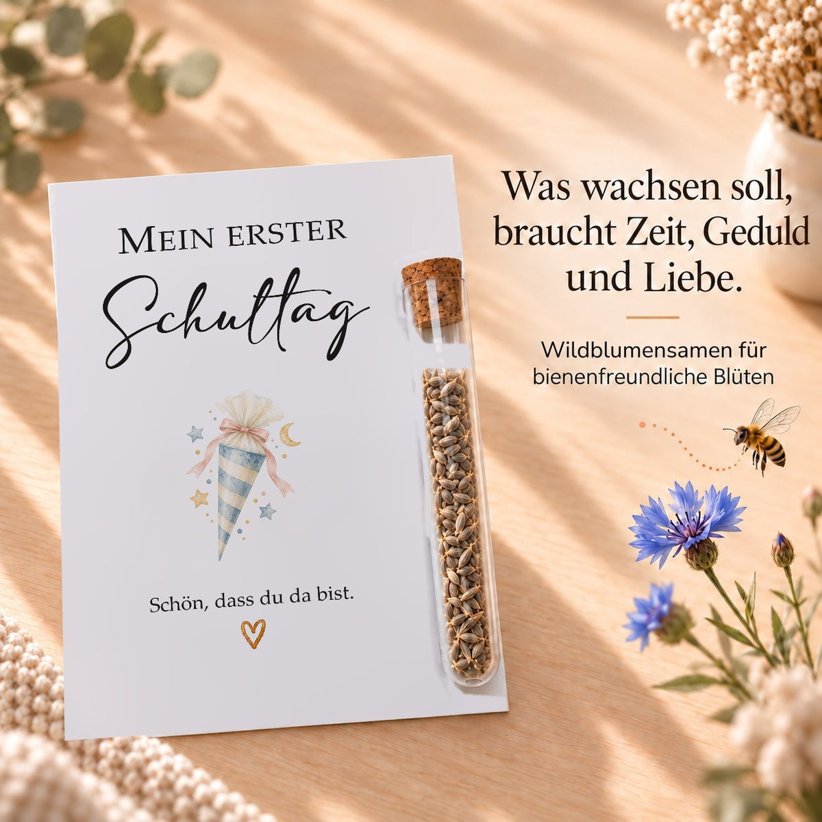 Wildblumensamen als Gastgeschenk zur Einschulung, Karte mit Schultüte