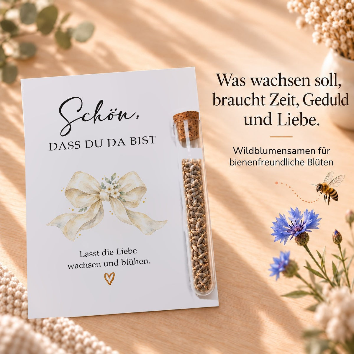 Wildblumensamen als Gastgeschenk zur Hochzeit, Karte mit Schleife
