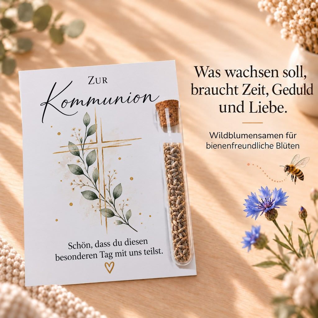 Wildblumensamen als Gastgeschenk zur Kommunion, Karte mit Kreuz