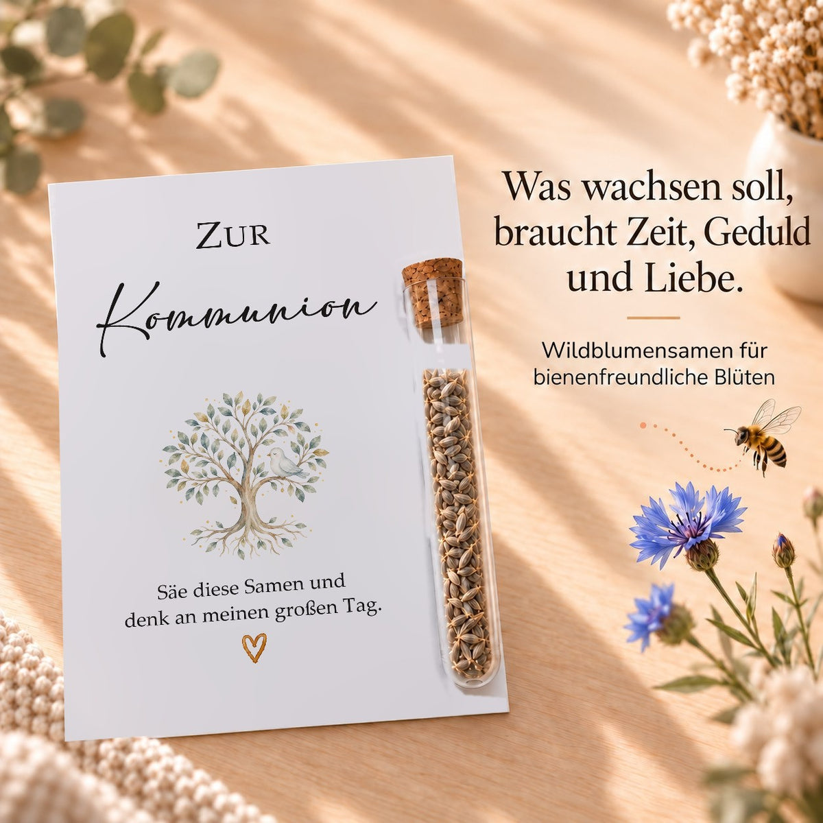 Wildblumensamen als Gastgeschenk zur Kommunion, Karte mit Lebensbaum