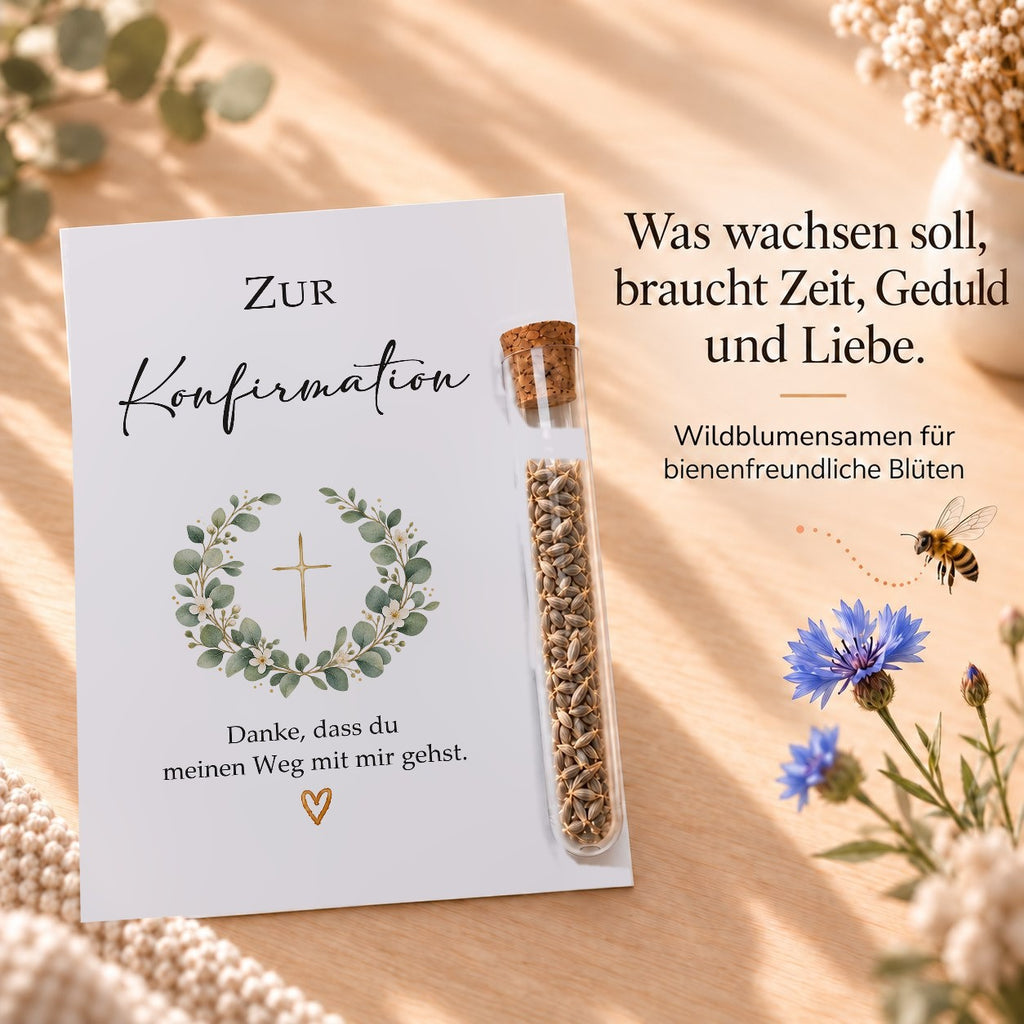 Wildblumensamen als Gastgeschenk zur Konfirmation, Karte mit Eukalyptus-Kranz