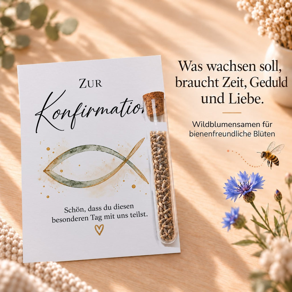 Wildblumensamen als Gastgeschenk zur Konfirmation, Karte mit Fisch