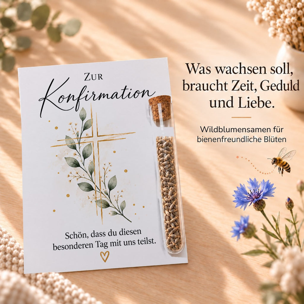 Wildblumensamen als Gastgeschenk zur Konfirmation, Karte mit Kreuz