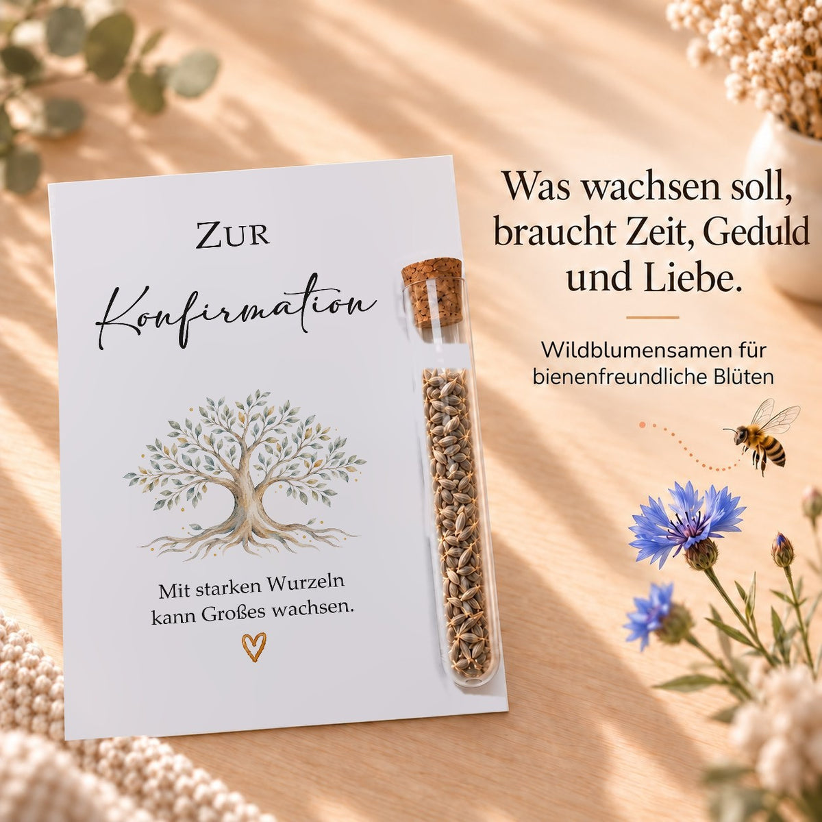 Wildblumensamen als Gastgeschenk zur Konfirmation, Karte mit Lebensbaum