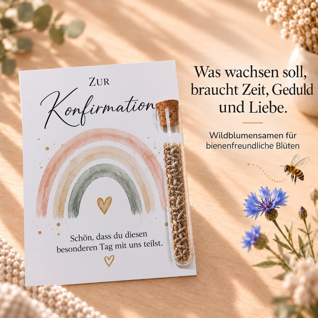 Wildblumensamen als Gastgeschenk zur Konfirmation, Karte mit Regenbogen