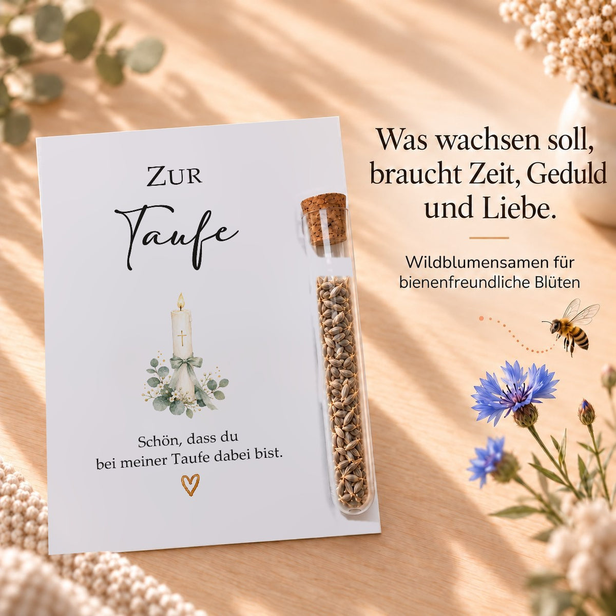 Wildblumensamen als Gastgeschenk zur Taufe, Karte mit Taufkerze
