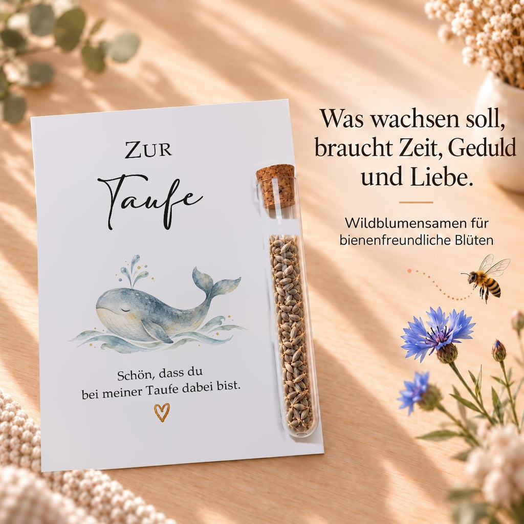 Wildblumensamen als Gastgeschenk zur Taufe, Karte mit Wal