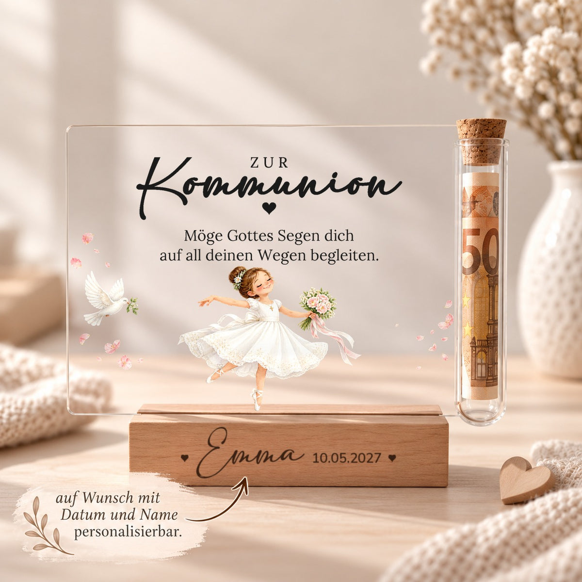 Kommuniongeschenk personalisiert: Holzsockel mit Name und Datum, Acryl-Aufsteller Ballerina