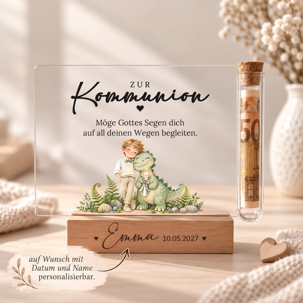 Kommuniongeschenk personalisiert: Holzsockel mit Name und Datum, Acryl-Aufsteller Dino