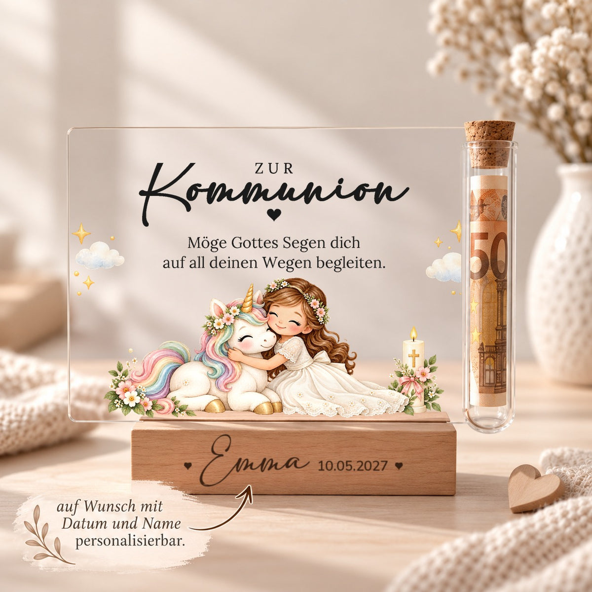 Kommuniongeschenk personalisiert: Holzsockel mit Name und Datum, Acryl-Aufsteller Einhorn