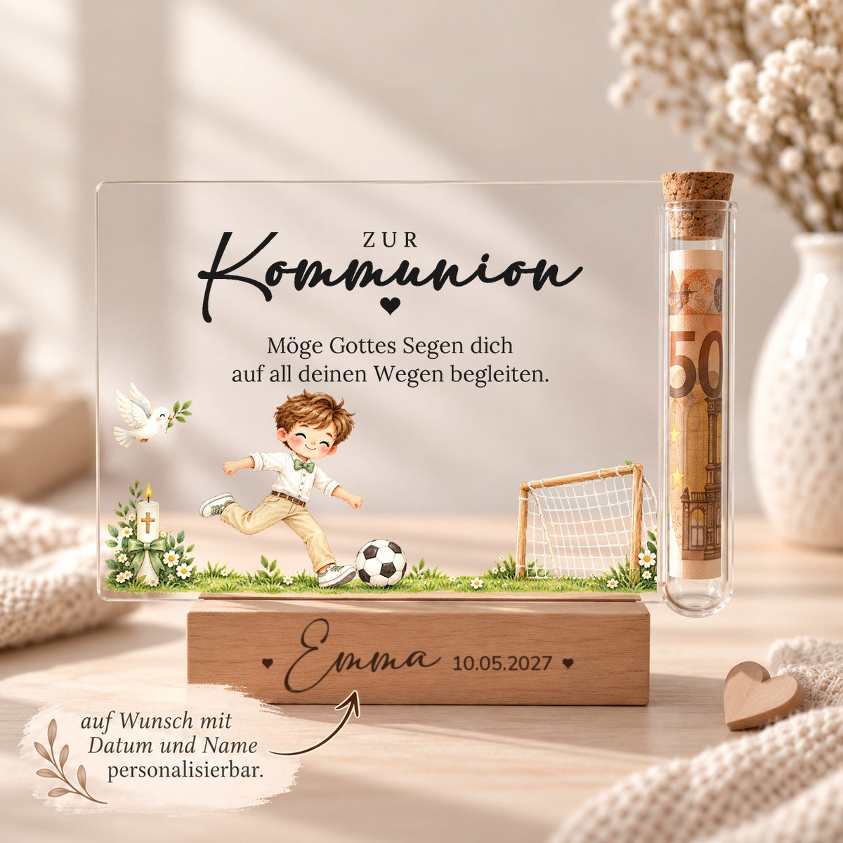 Kommuniongeschenk personalisiert: Holzsockel mit Name und Datum, Acryl-Aufsteller Fußball