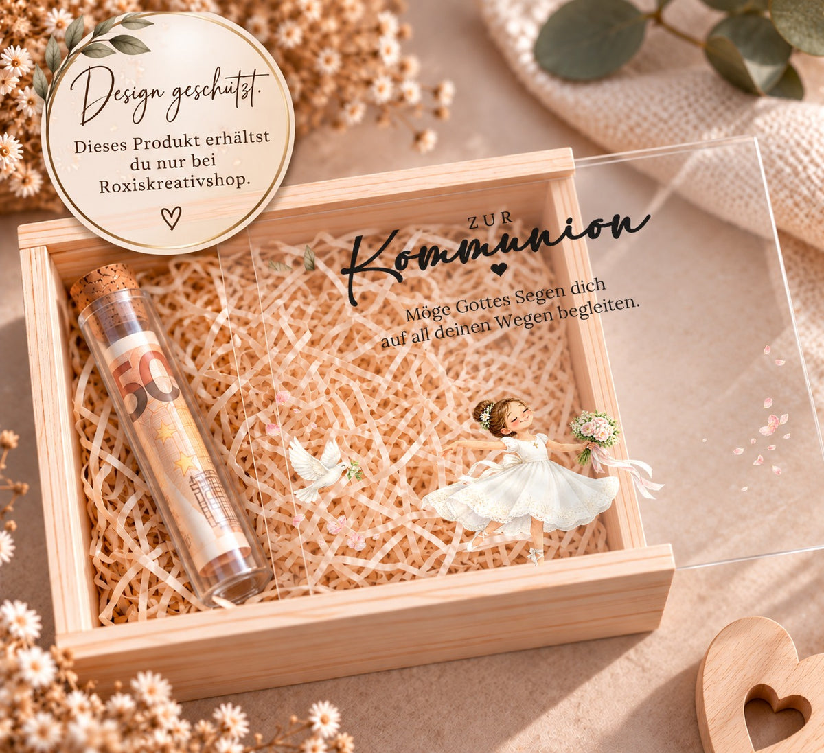 Holzkiste zur Kommunion im Ballerina-Design, Design nur bei RoxisKreativShop