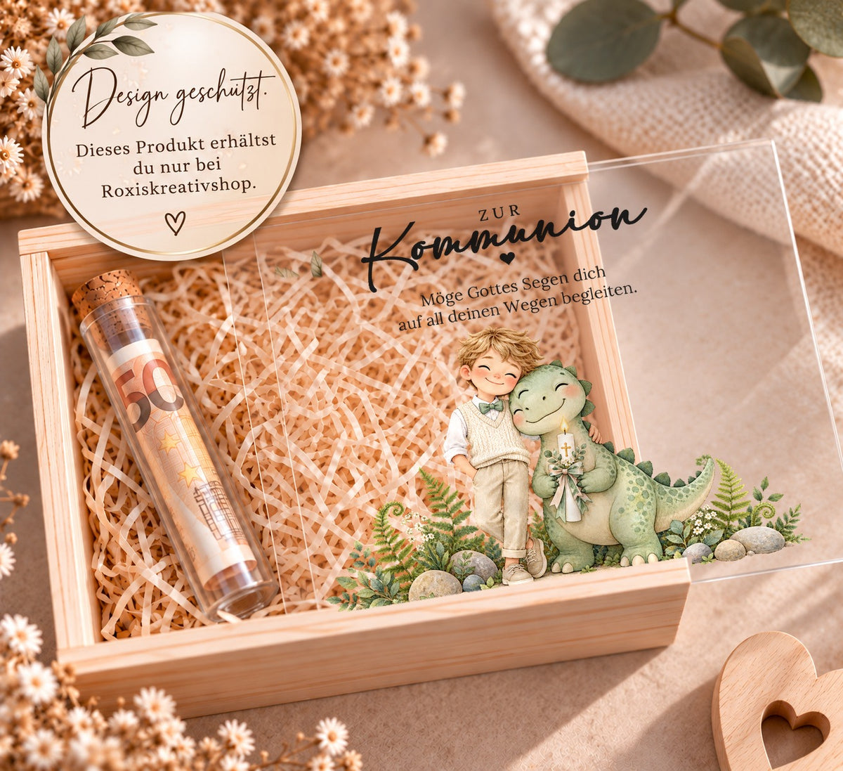 Holzkiste zur Kommunion im Dino-Design, Design nur bei RoxisKreativShop