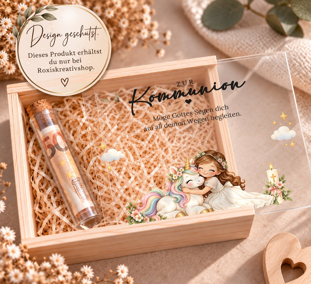 Holzkiste zur Kommunion im Einhorn-Design, Design nur bei RoxisKreativShop