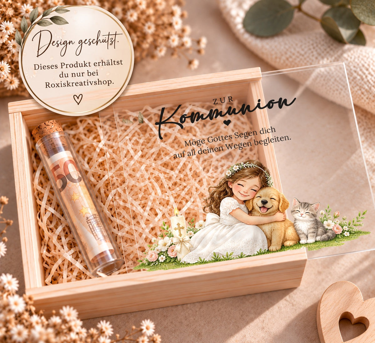 Holzkiste zur Kommunion im Hund-und-Katze-Design, Design nur bei RoxisKreativShop