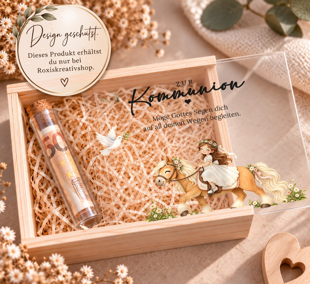 Holzkiste zur Kommunion im Pferde-Design, Design nur bei RoxisKreativShop