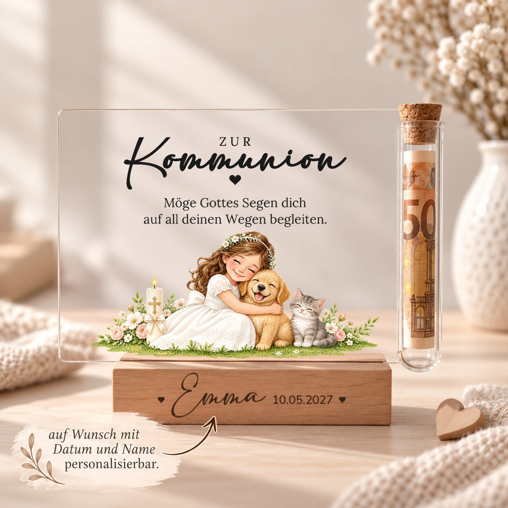 Kommuniongeschenk personalisiert: Holzsockel mit Name und Datum, Acryl-Aufsteller Hund & Katze
