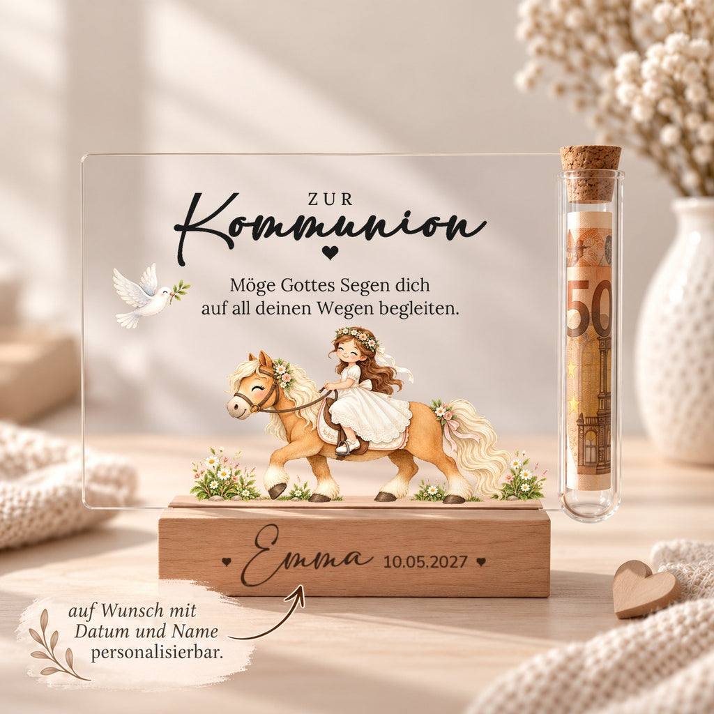 Kommuniongeschenk personalisiert: Holzsockel mit Name und Datum, Acryl-Aufsteller Pferd
