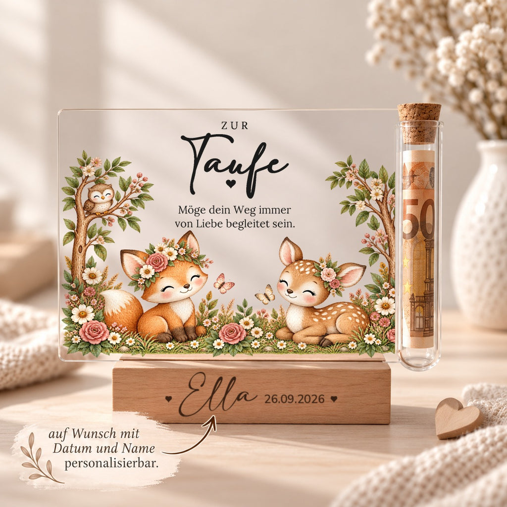 Personalisiertes Taufgeschenk mit Füchsin und Rehkitz: Name und Taufdatum im Holzsockel graviert