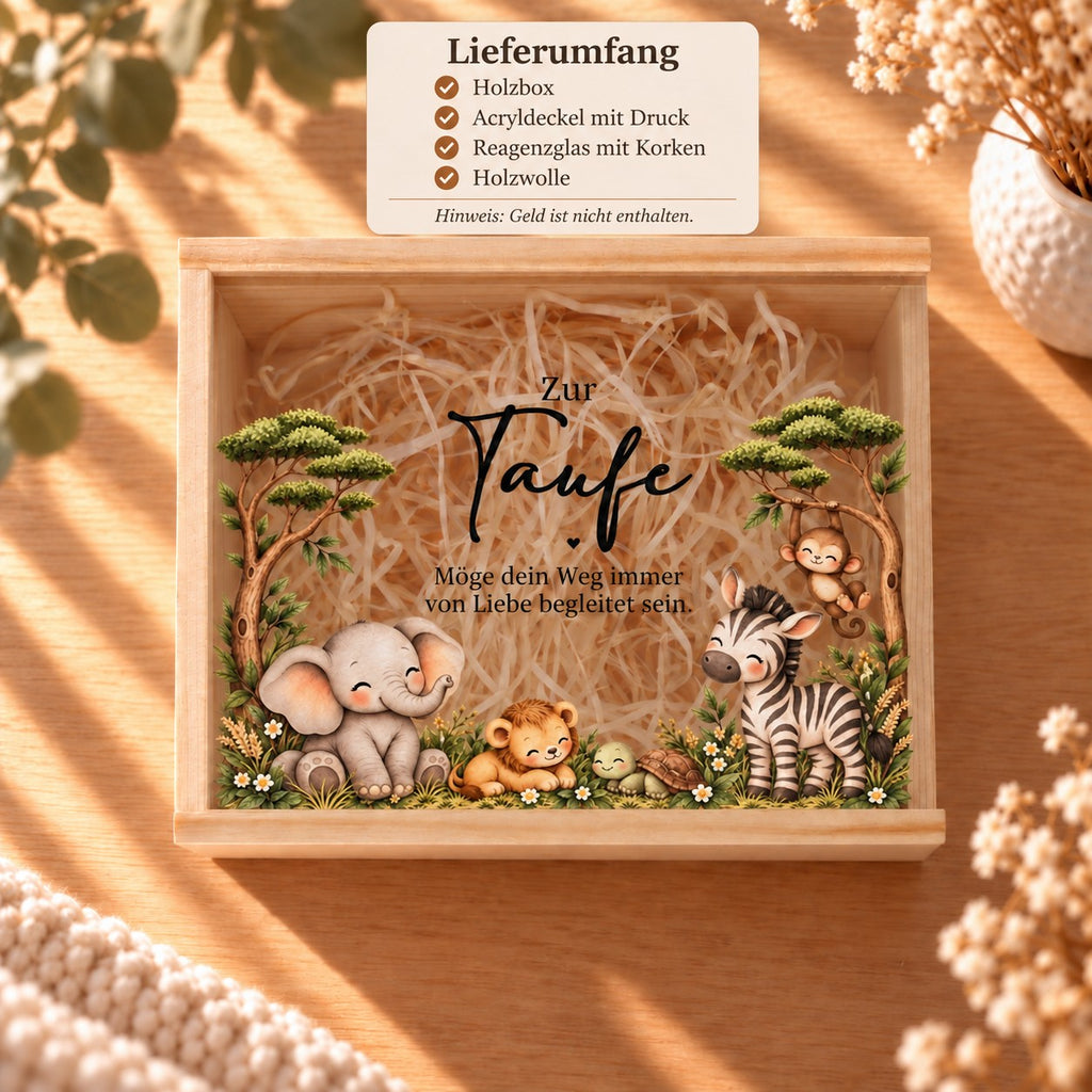 Lieferumfang der Holzkiste zur Taufe mit Elefant, Löwe, Zebra, Schildkröte und Äffchen: Holzbox, Acryldeckel mit Druck, Reagenzglas mit Korken, Holzwolle