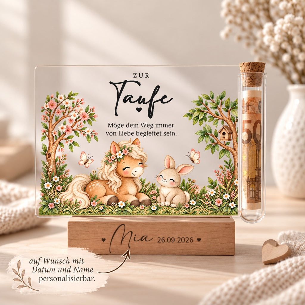 Personalisiertes Taufgeschenk mit Pony: Name und Taufdatum im Holzsockel graviert