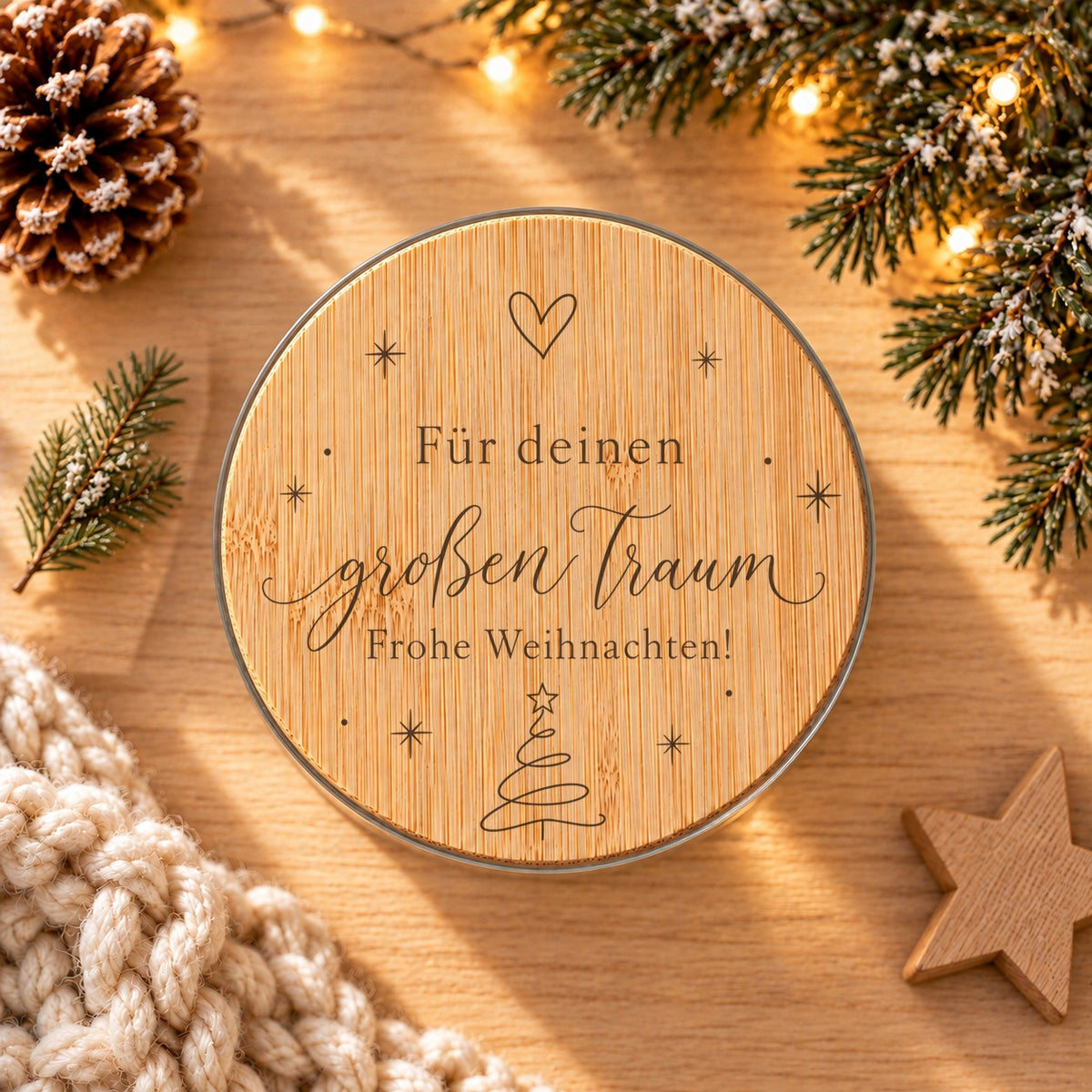 Gravierter Bambusdeckel „Für deinen großen Traum“ von oben, daneben Tannenzweige und ein Holzstern