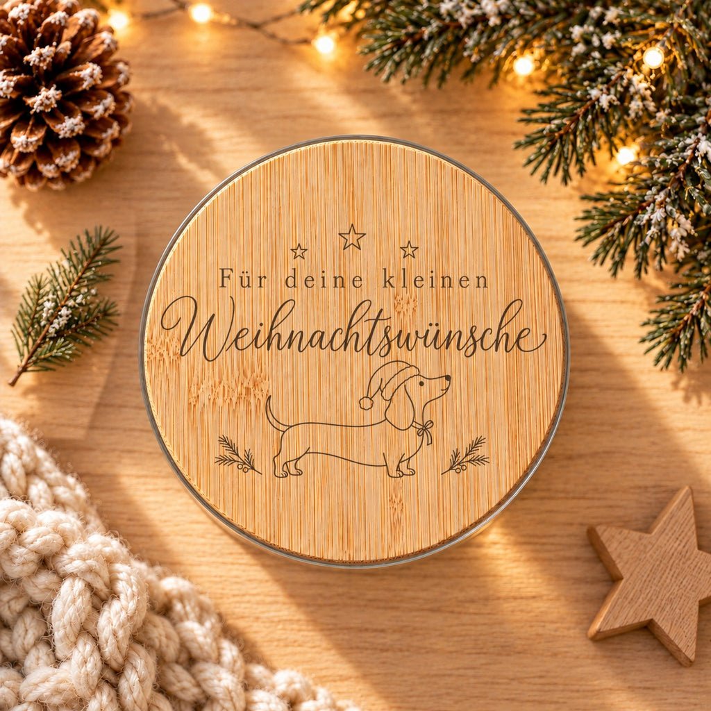 Gravierter Bambusdeckel „Für deine kleinen Weihnachtswünsche“ mit Dackel von oben, daneben Tannenzweige und ein Holzstern