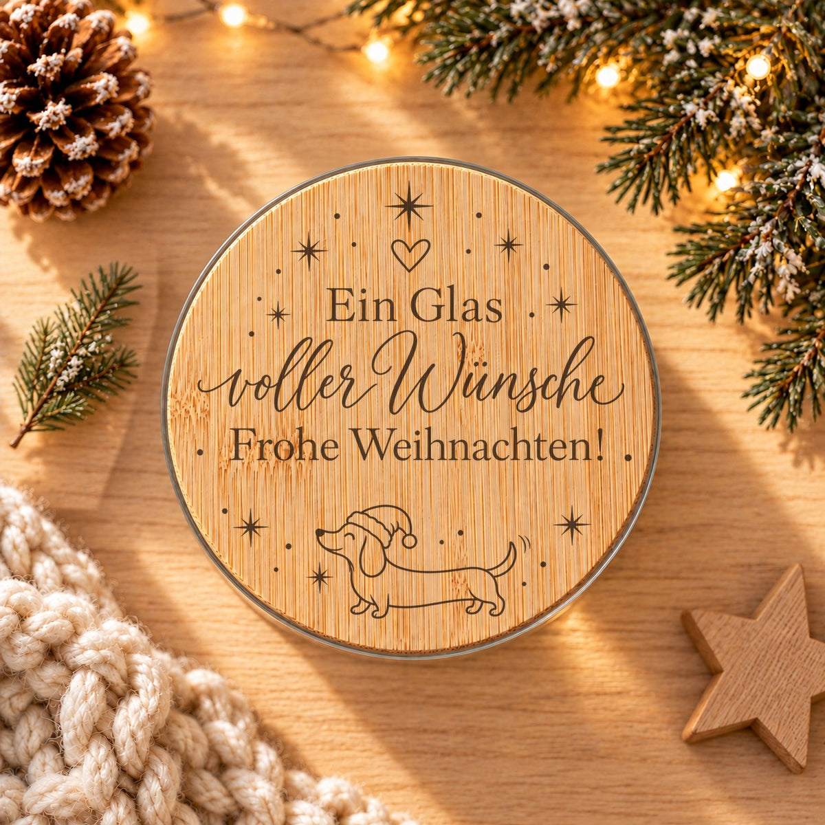 Gravierter Bambusdeckel „Ein Glas voller Wünsche“ von oben, daneben Tannenzweige und ein Holzstern
