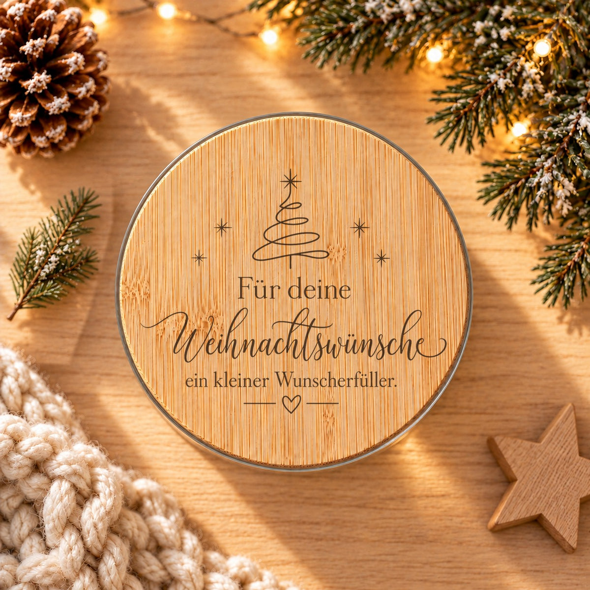 Gravierter Bambusdeckel „Wunscherfüller“ von oben, daneben Tannenzweige und ein Holzstern