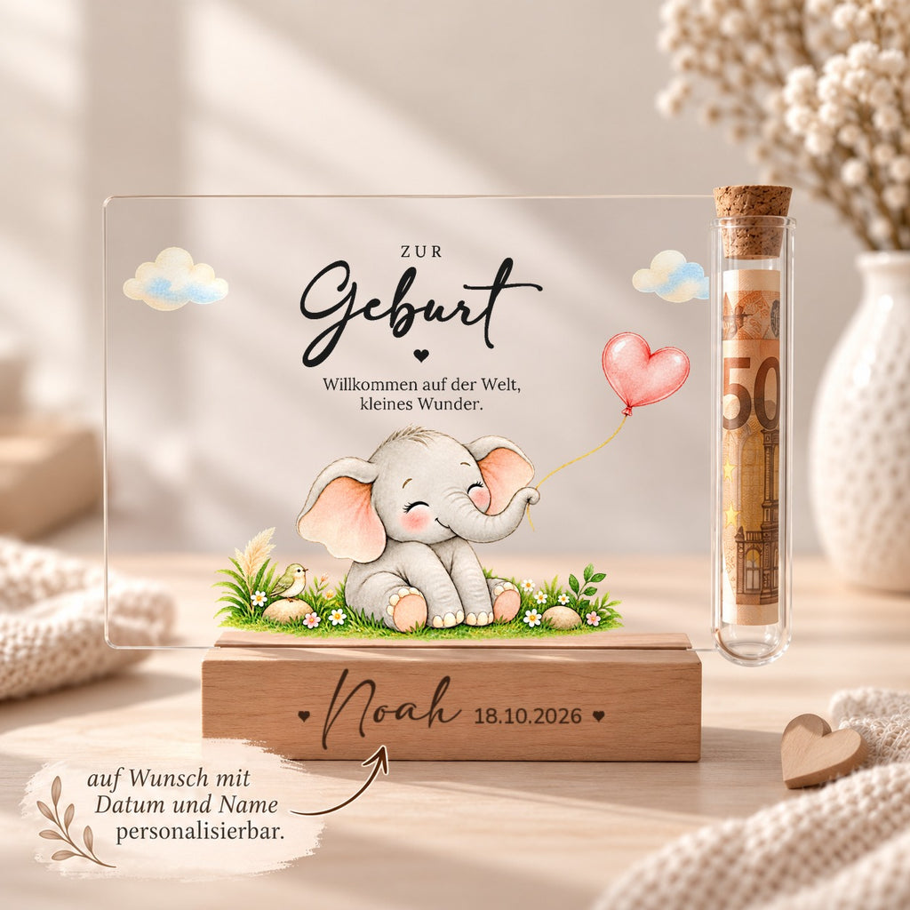 Geschenk zur Geburt personalisiert: Holzsockel mit Name und Geburtsdatum, Acryl-Aufsteller Elefant
