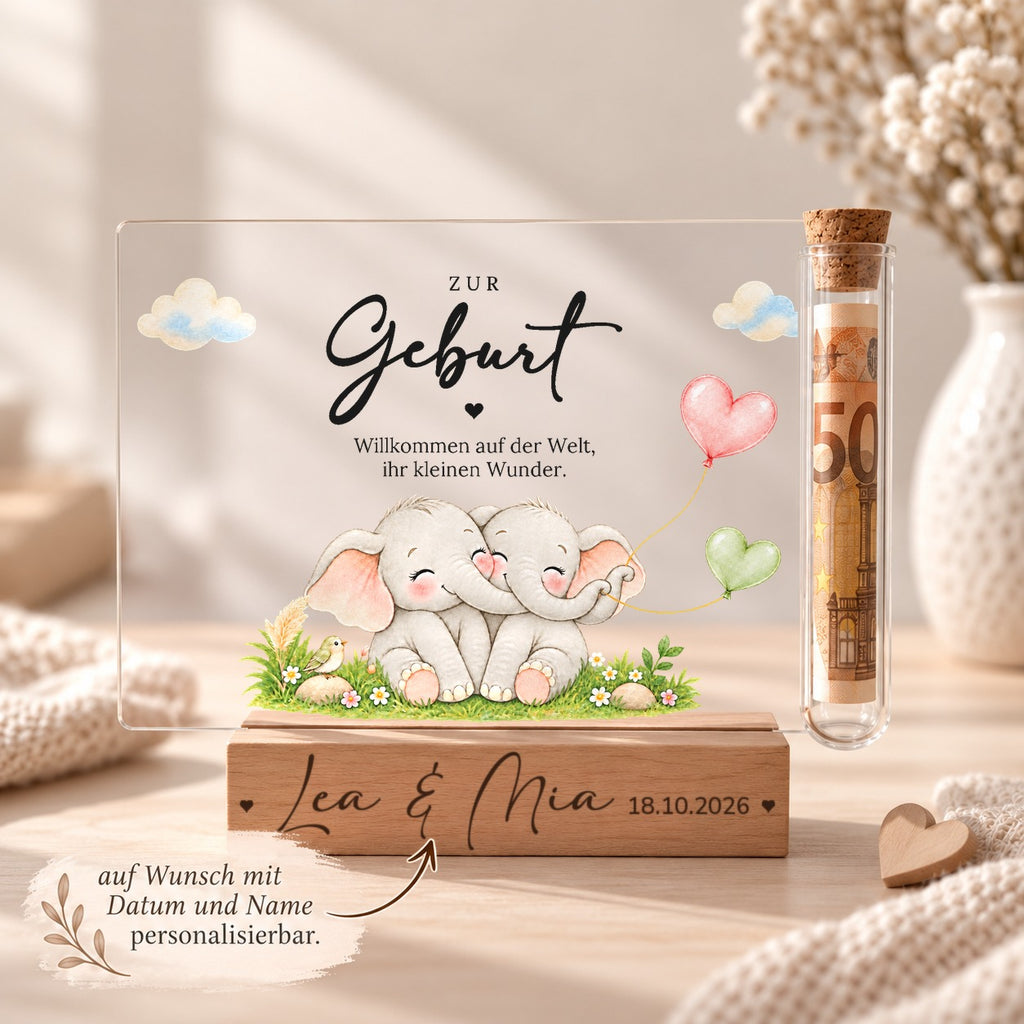 Geschenk zur Geburt personalisiert: Holzsockel mit Name und Geburtsdatum, Acryl-Aufsteller Zwillinge