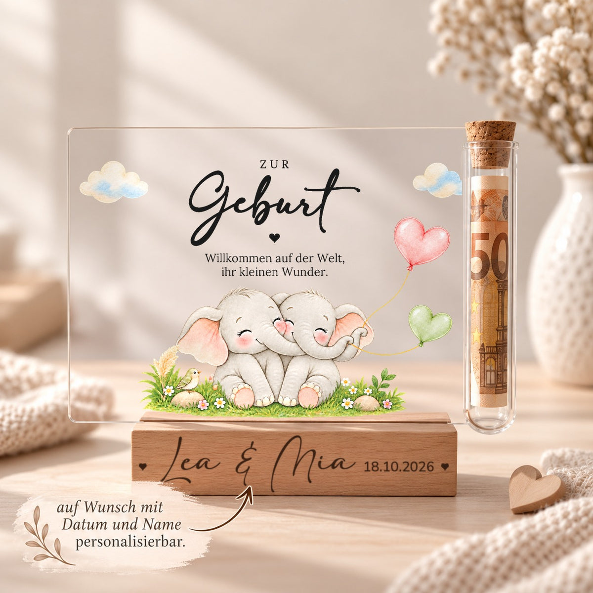 Geschenk zur Geburt personalisiert: Holzsockel mit Name und Geburtsdatum, Acryl-Aufsteller Zwillinge