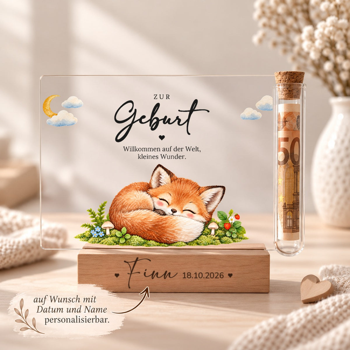 Geschenk zur Geburt personalisiert: Holzsockel mit Name und Geburtsdatum, Acryl-Aufsteller Fuchs