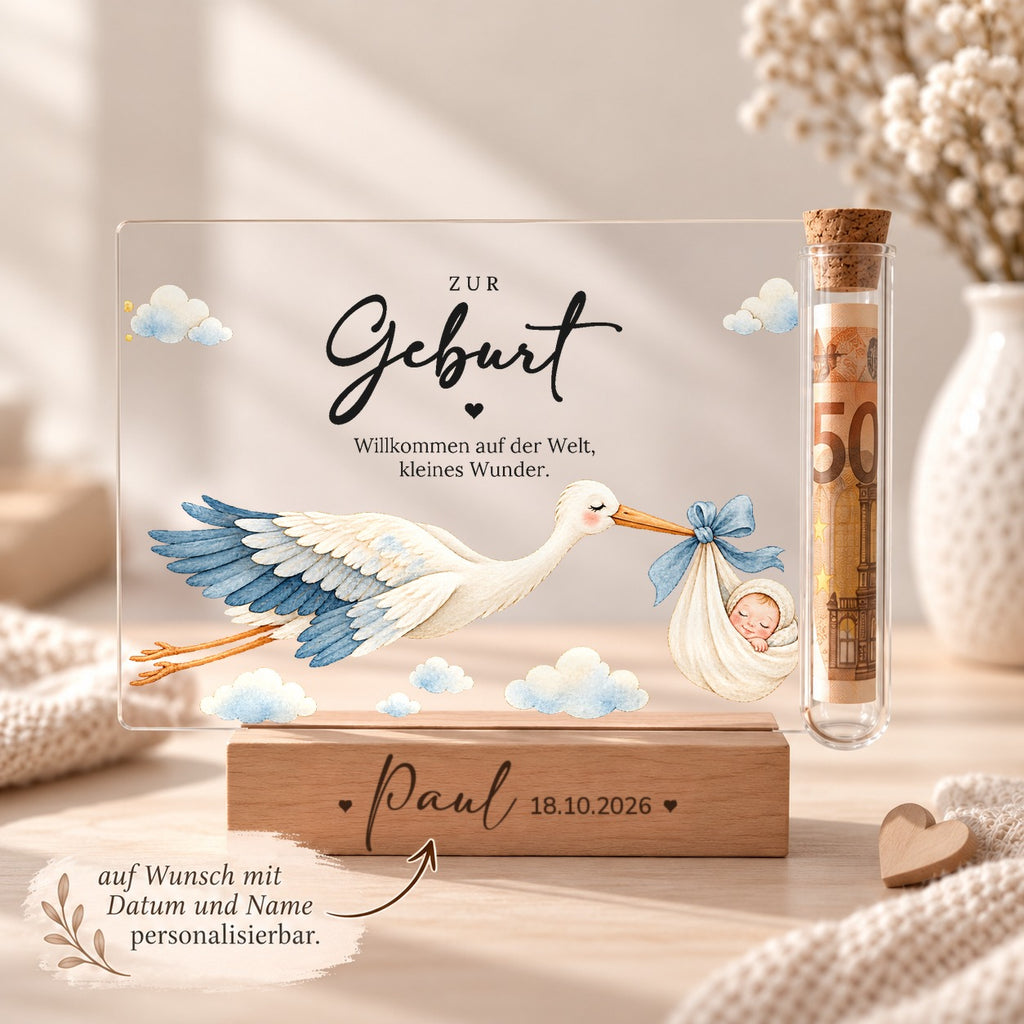 Geschenk zur Geburt personalisiert: Holzsockel mit Name und Geburtsdatum, Acryl-Aufsteller Storch