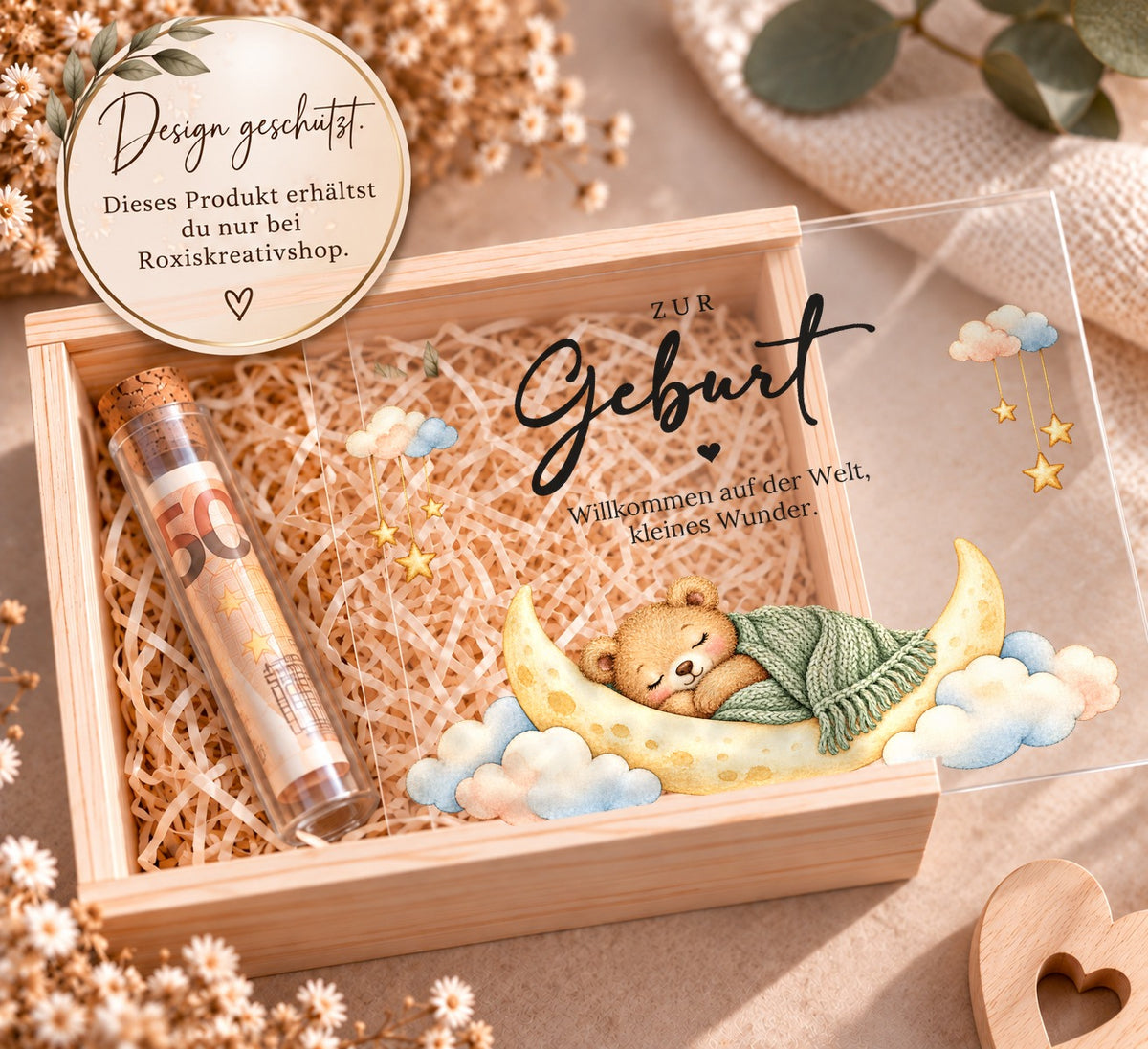 Holzkiste zur Geburt im Mond-Design, Design nur bei RoxisKreativShop
