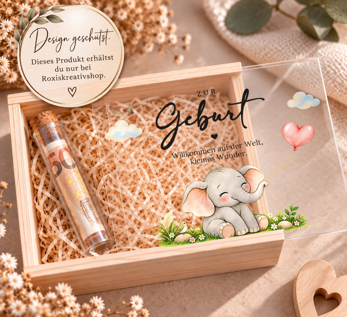 Holzkiste zur Geburt im Elefanten-Design, Design nur bei RoxisKreativShop