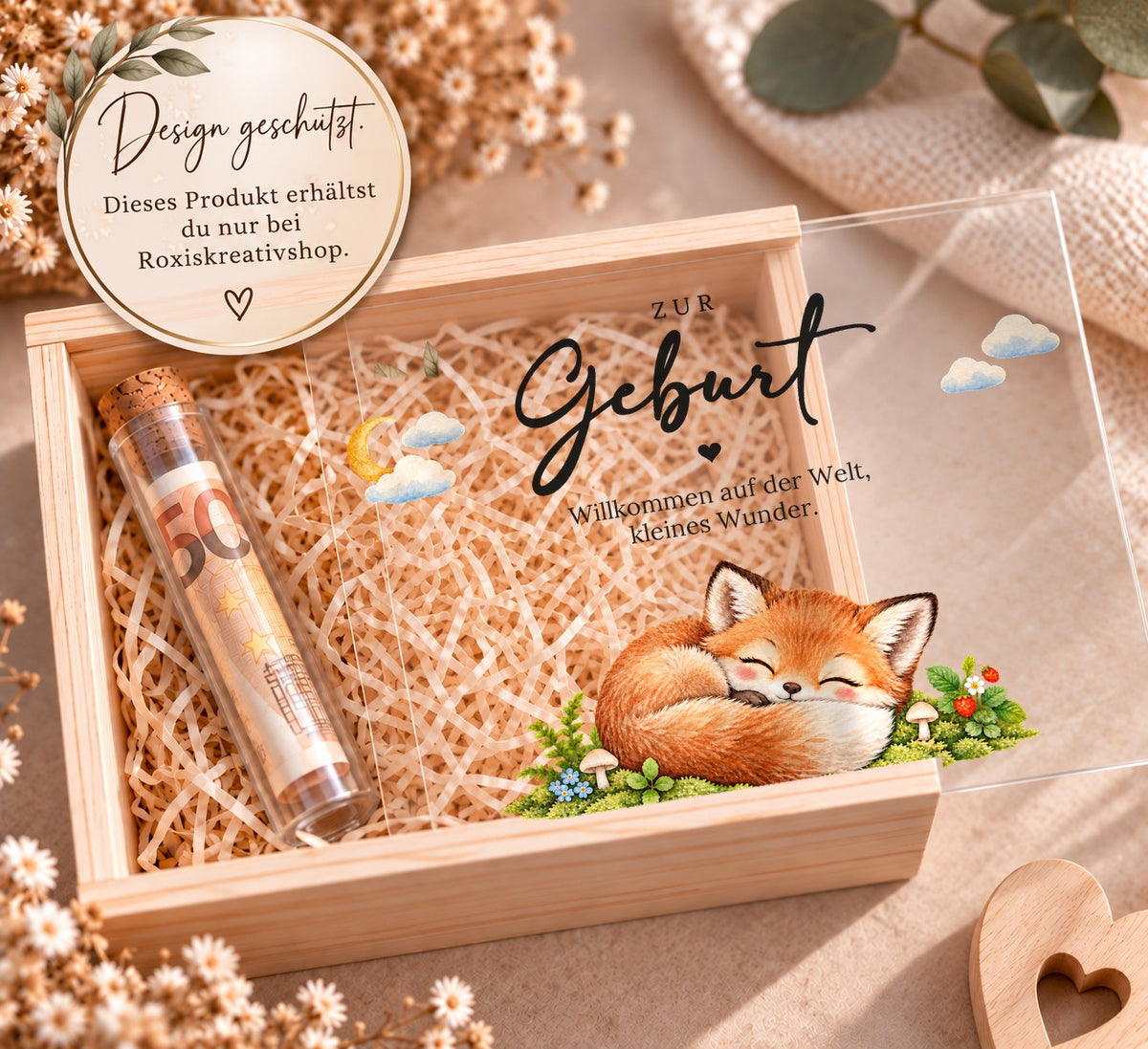 Holzkiste zur Geburt im Fuchs-Design, Design nur bei RoxisKreativShop