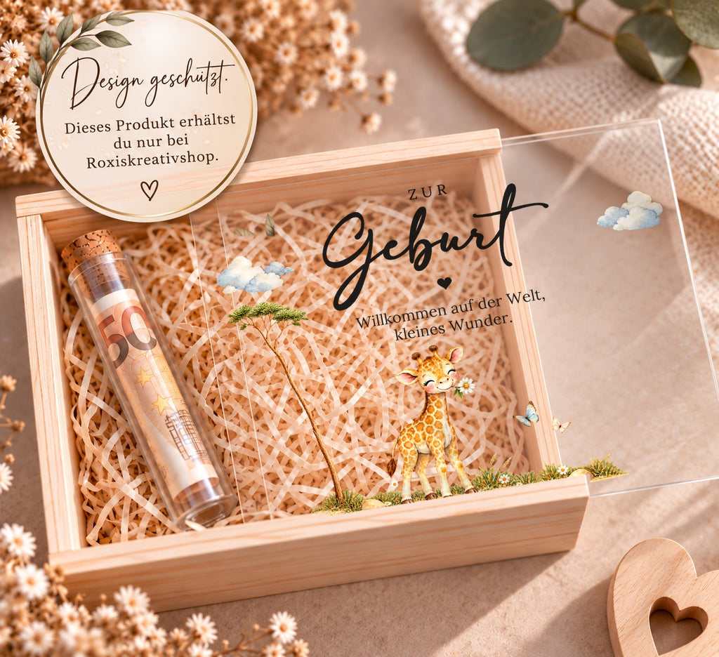 Holzkiste zur Geburt im Giraffen-Design, Design nur bei RoxisKreativShop