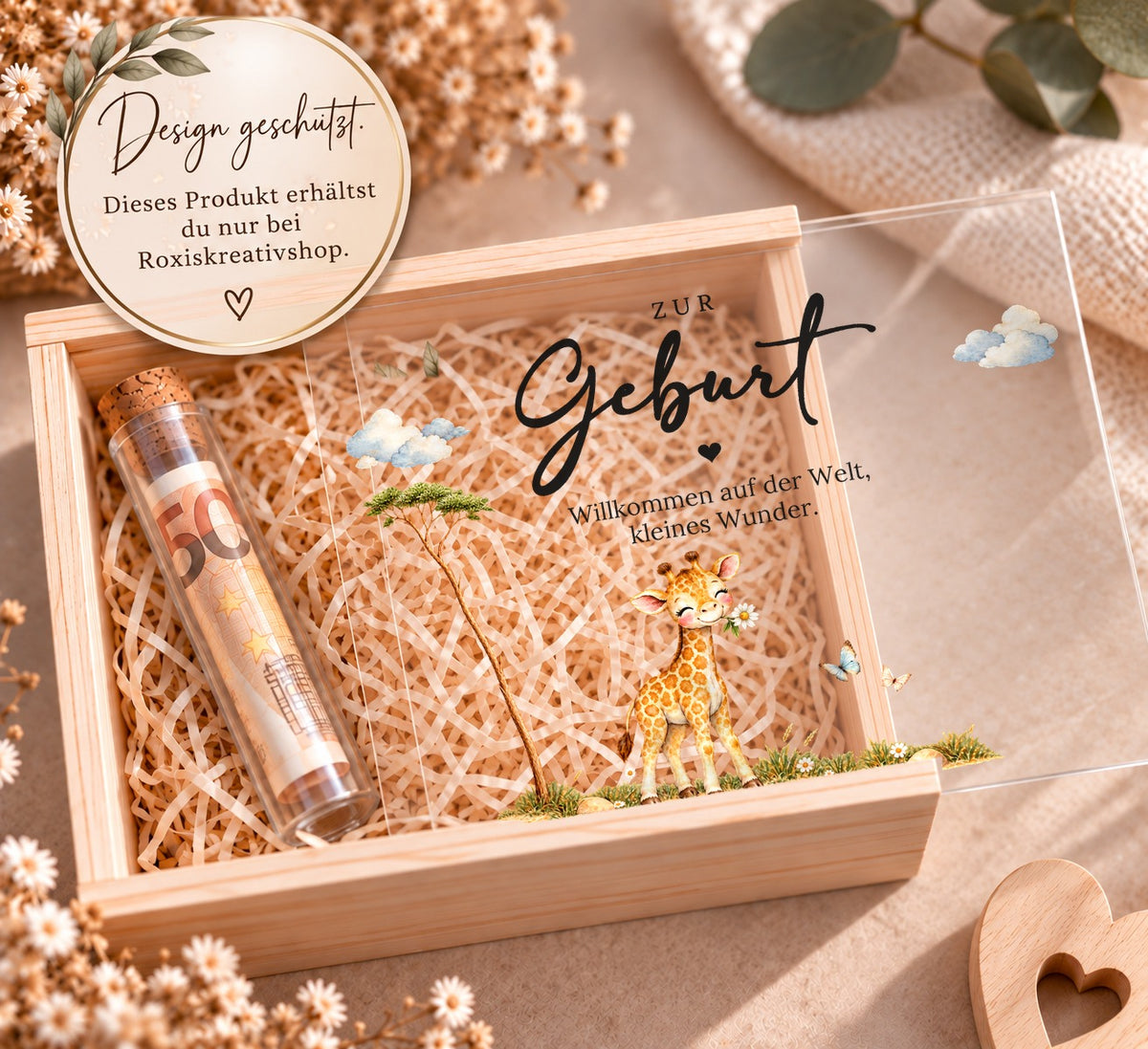 Holzkiste zur Geburt im Giraffen-Design, Design nur bei RoxisKreativShop