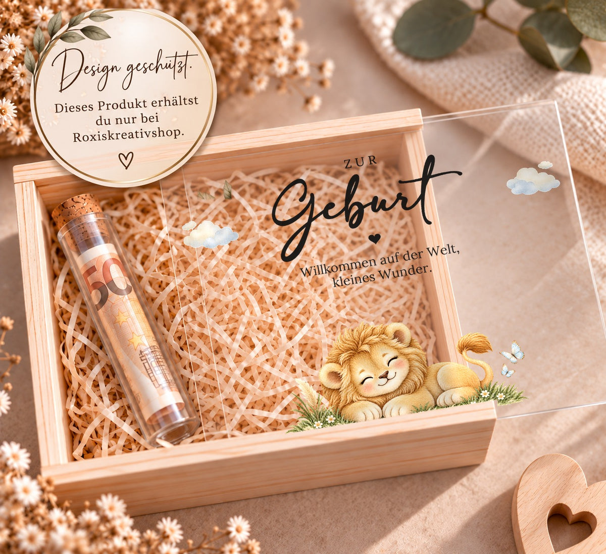 Holzkiste zur Geburt im Löwen-Design, Design nur bei RoxisKreativShop