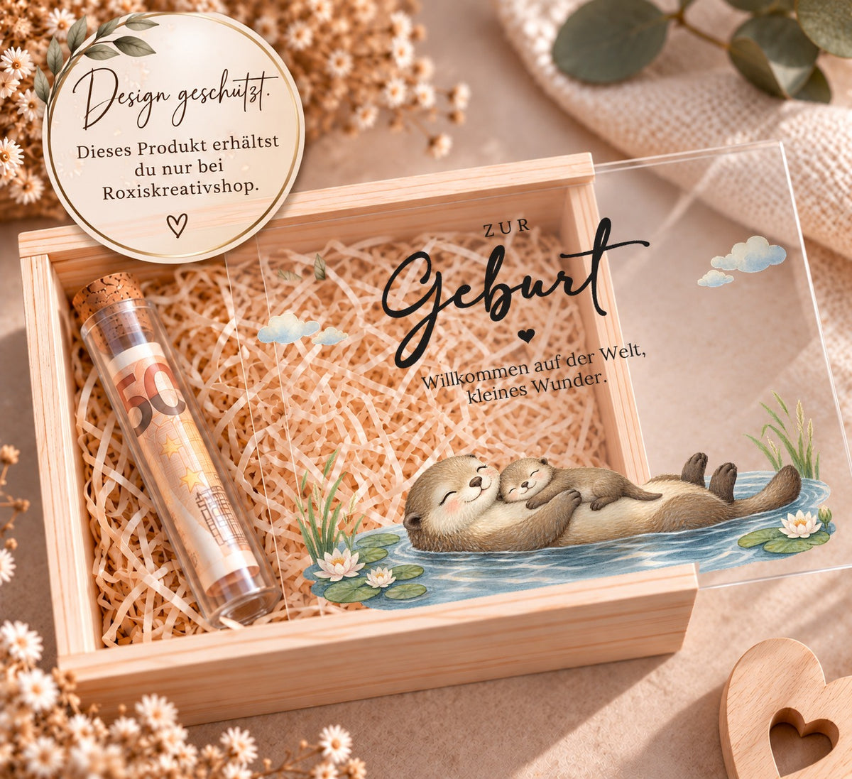 Holzkiste zur Geburt im Otter-Design, Design nur bei RoxisKreativShop