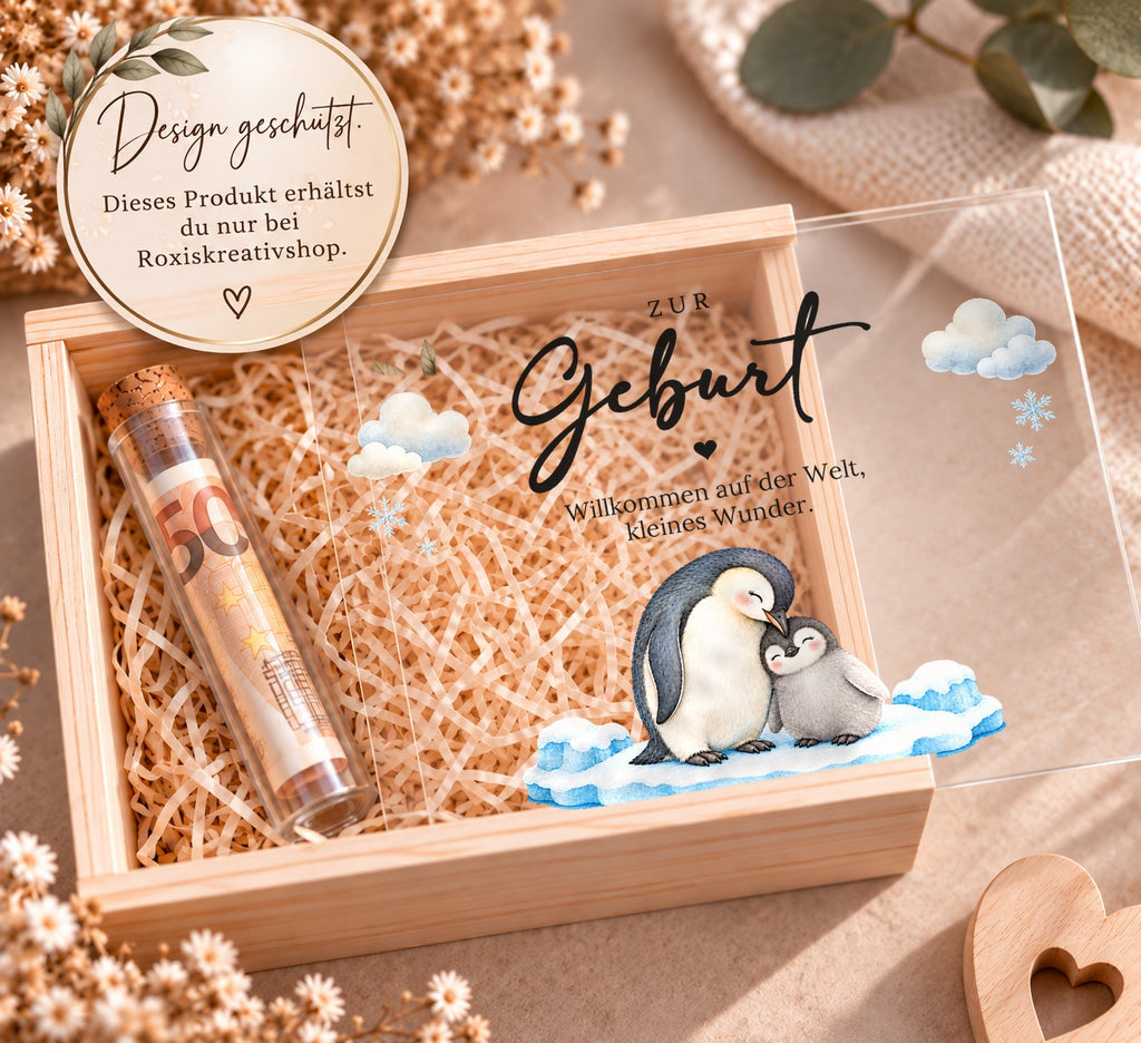 Holzkiste zur Geburt im Pinguin-Design, Design nur bei RoxisKreativShop