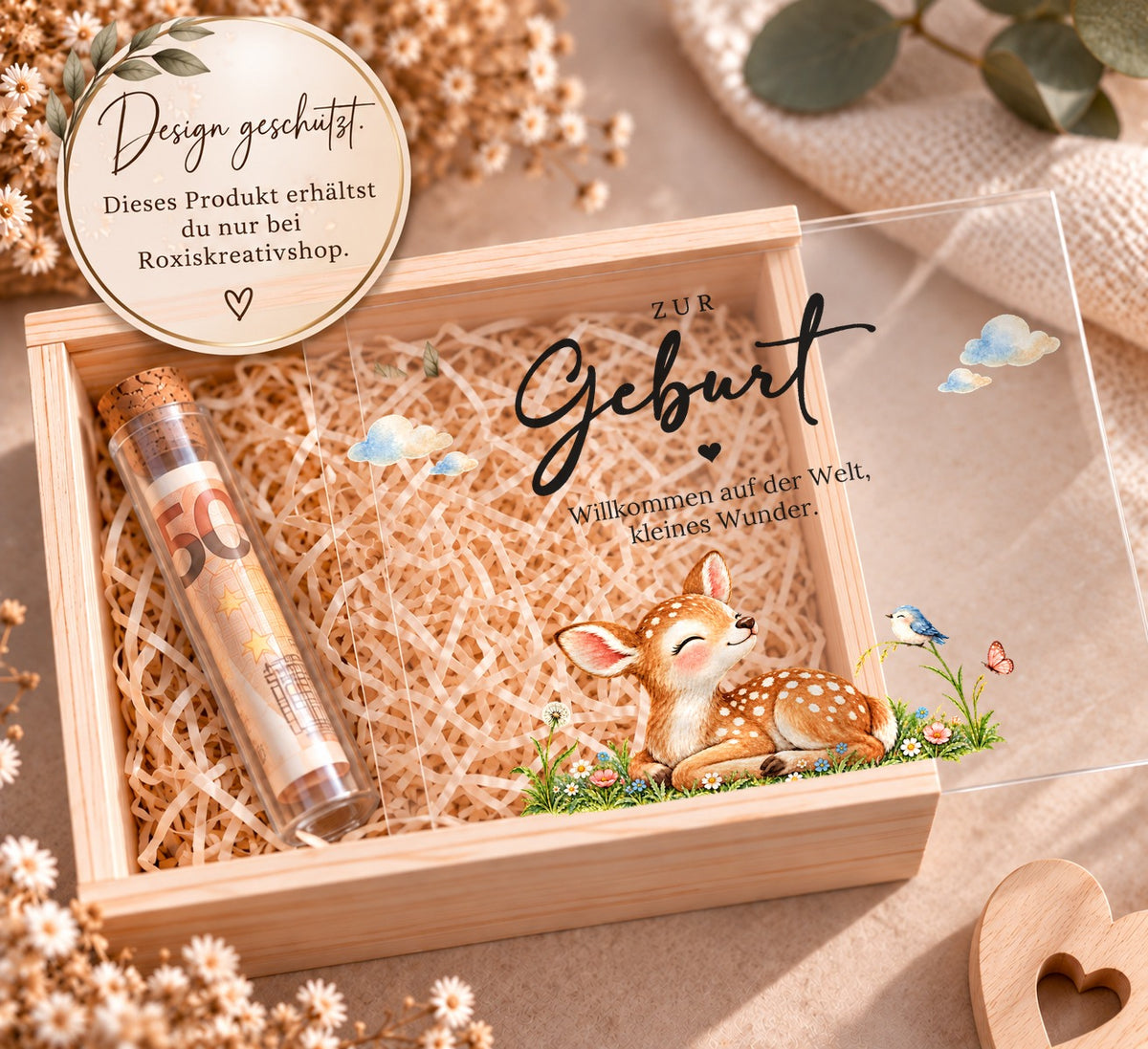Holzkiste zur Geburt im Rehkitz-Design, Design nur bei RoxisKreativShop