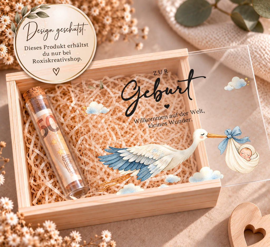 Holzkiste zur Geburt im Storchen-Design, Design nur bei RoxisKreativShop