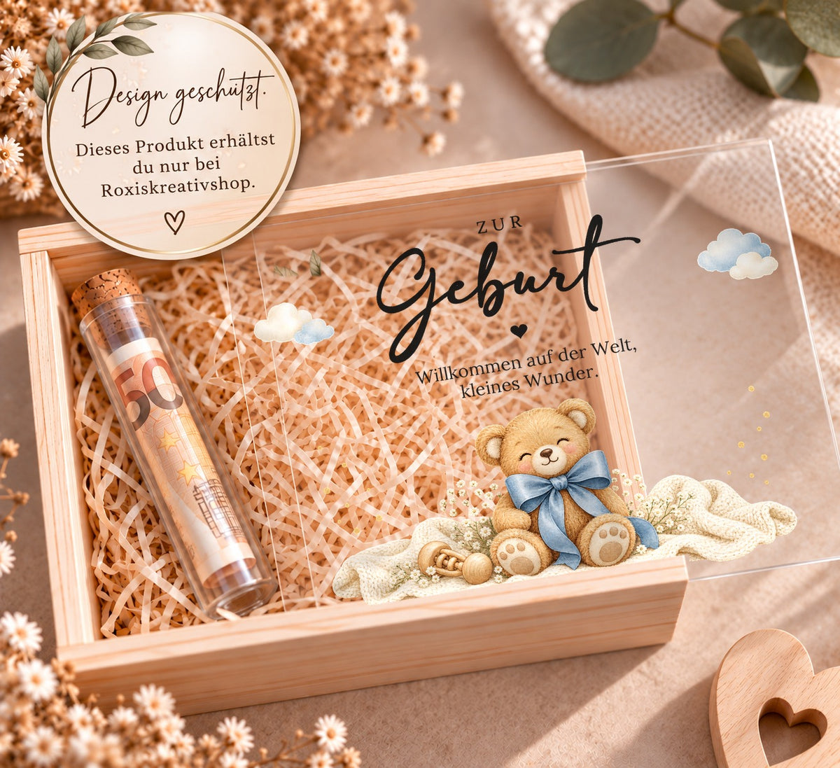 Holzkiste zur Geburt im Teddy-Design, Design nur bei RoxisKreativShop
