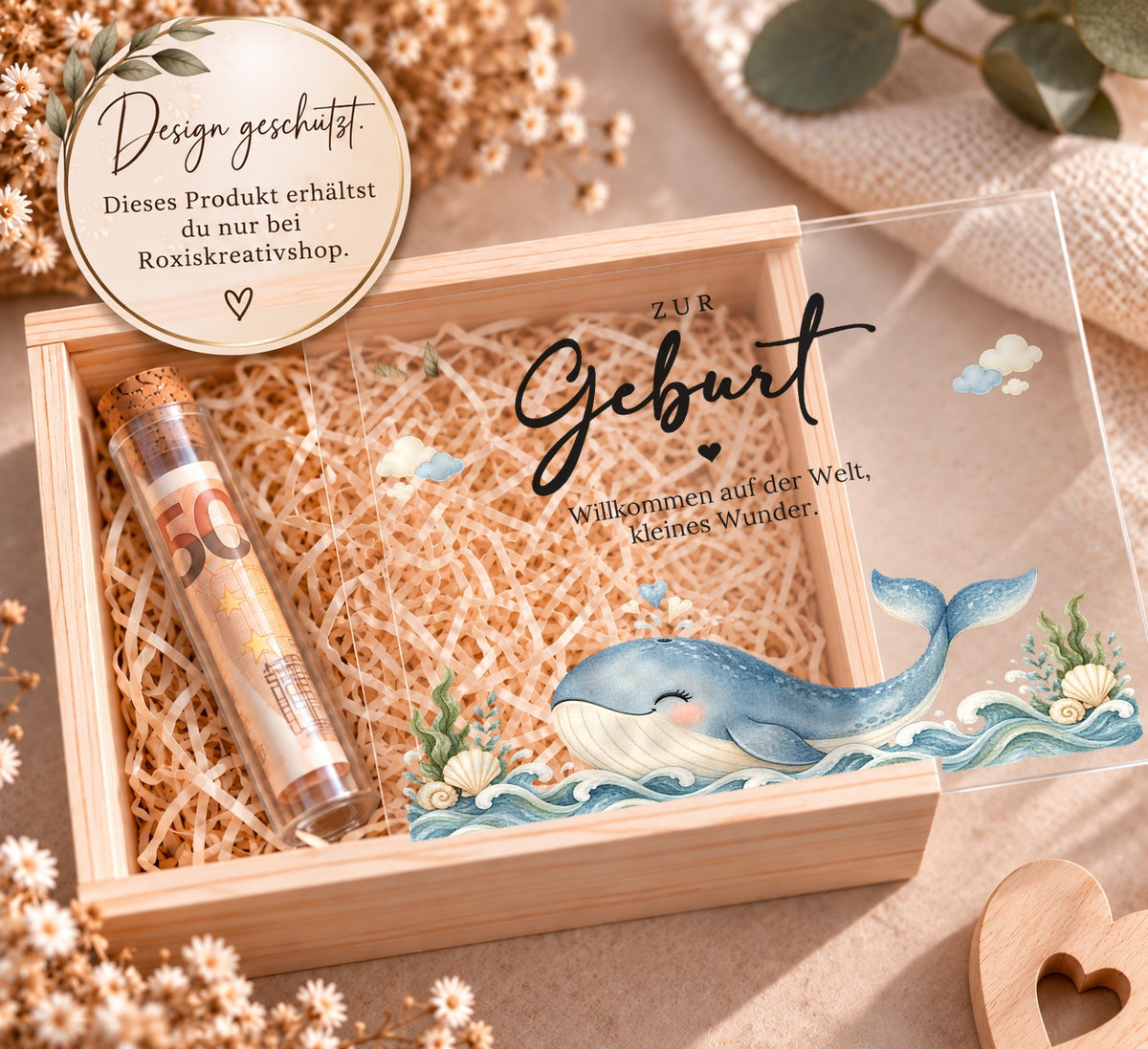 Holzkiste zur Geburt im Wal-Design, Design nur bei RoxisKreativShop