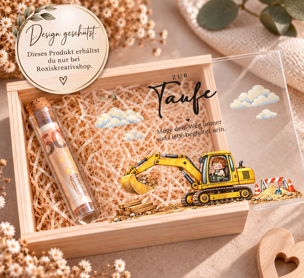 Holzkiste zur Taufe im Bagger-Design, eigenes Design von RoxisKreativShop